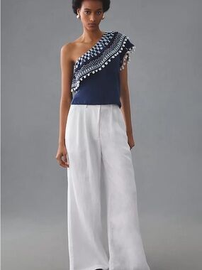 One-Shoulder Pom-Pom Trim Top - Navy & White